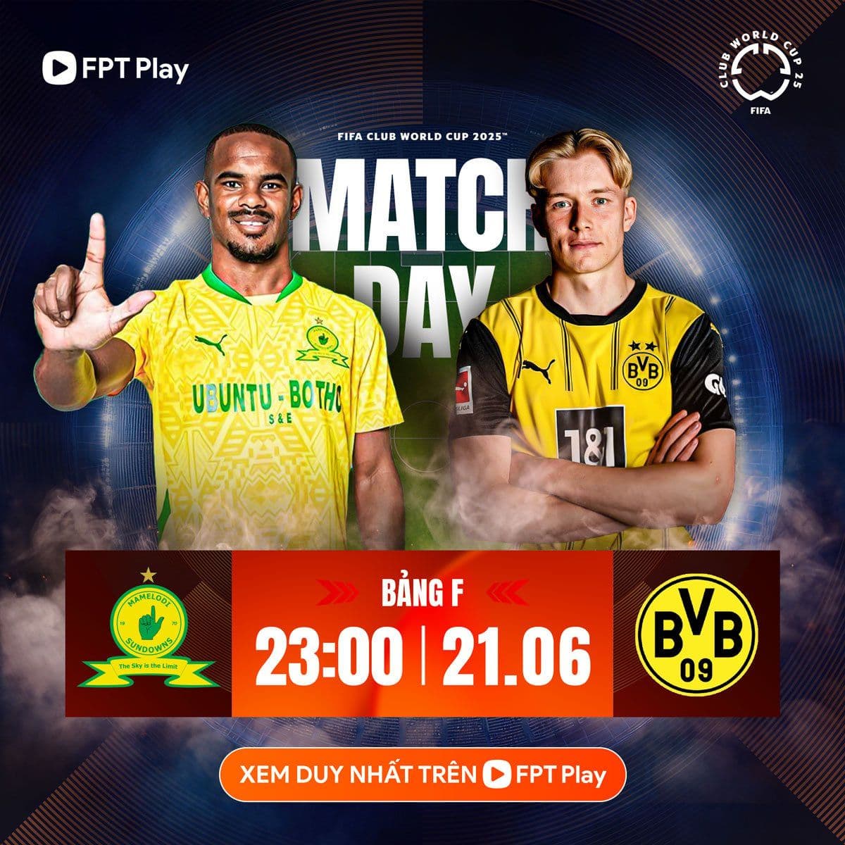 A split image: on the left, the Mamelodi Sundowns team in their uniform, celebrating a goal; on the right, the Borussia Dortmund team in their uniform, looking focused and determined. The images are placed side by side to emphasize the contrast between...