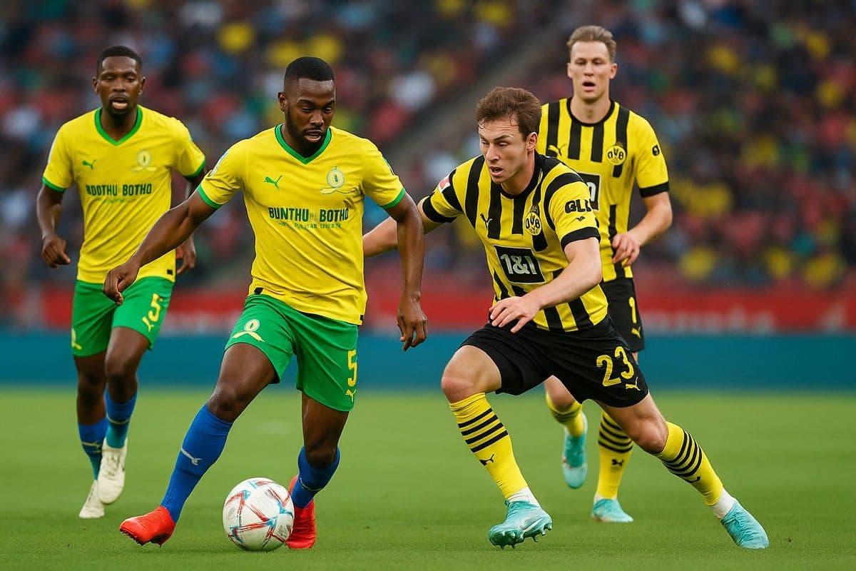 Action shot of a player from Borussia Dortmund attempting to score a goal, with a defender from Mamelodi Sundowns trying to block the shot.