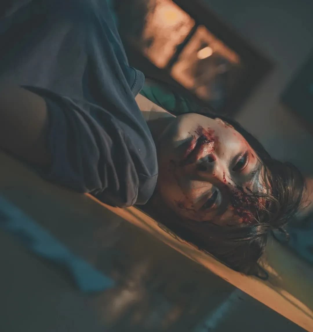 Ah Jin (Kim Yoo Jung) với gương mặt dính máu, phản ánh khoảnh khắc tàn nhẫn và sợ hãi.