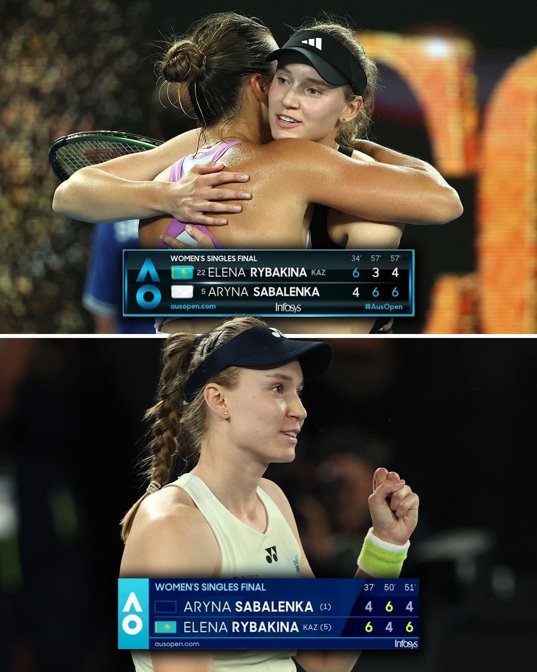 Aryna Sabalenka và Elena Rybakina ôm nhau sau trận chung kết Australian Open 2026, với bảng điểm hiển thị chiến thắng của Rybakina.