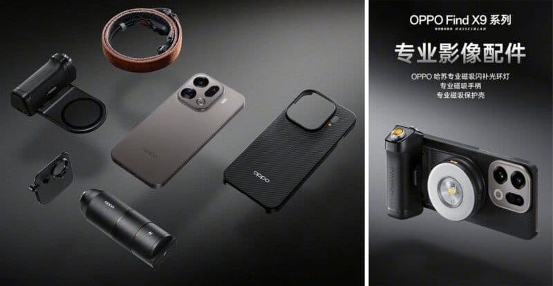 Bộ phụ kiện nhiếp ảnh chuyên nghiệp của Oppo Find X9, bao gồm ống kính, ốp lưng và tay cầm.