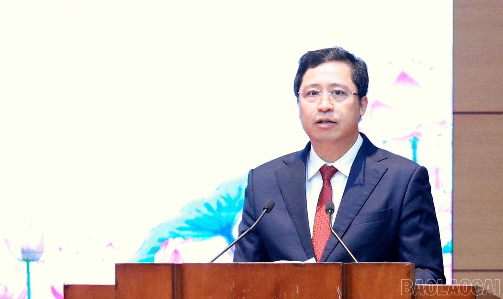 Bí thư Tỉnh ủy Lào Cai Dương Quốc Huy phát biểu tại hội nghị công bố quyết định bổ nhiệm cán bộ.