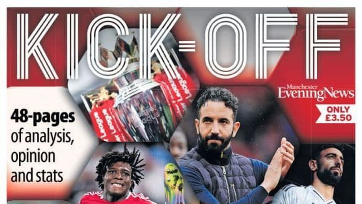Bìa báo 'KICK-OFF' mùa giải Premier League 2025/26 với cúp vô địch, huấn luyện viên Ruben Amorim và cầu thủ Manchester United.