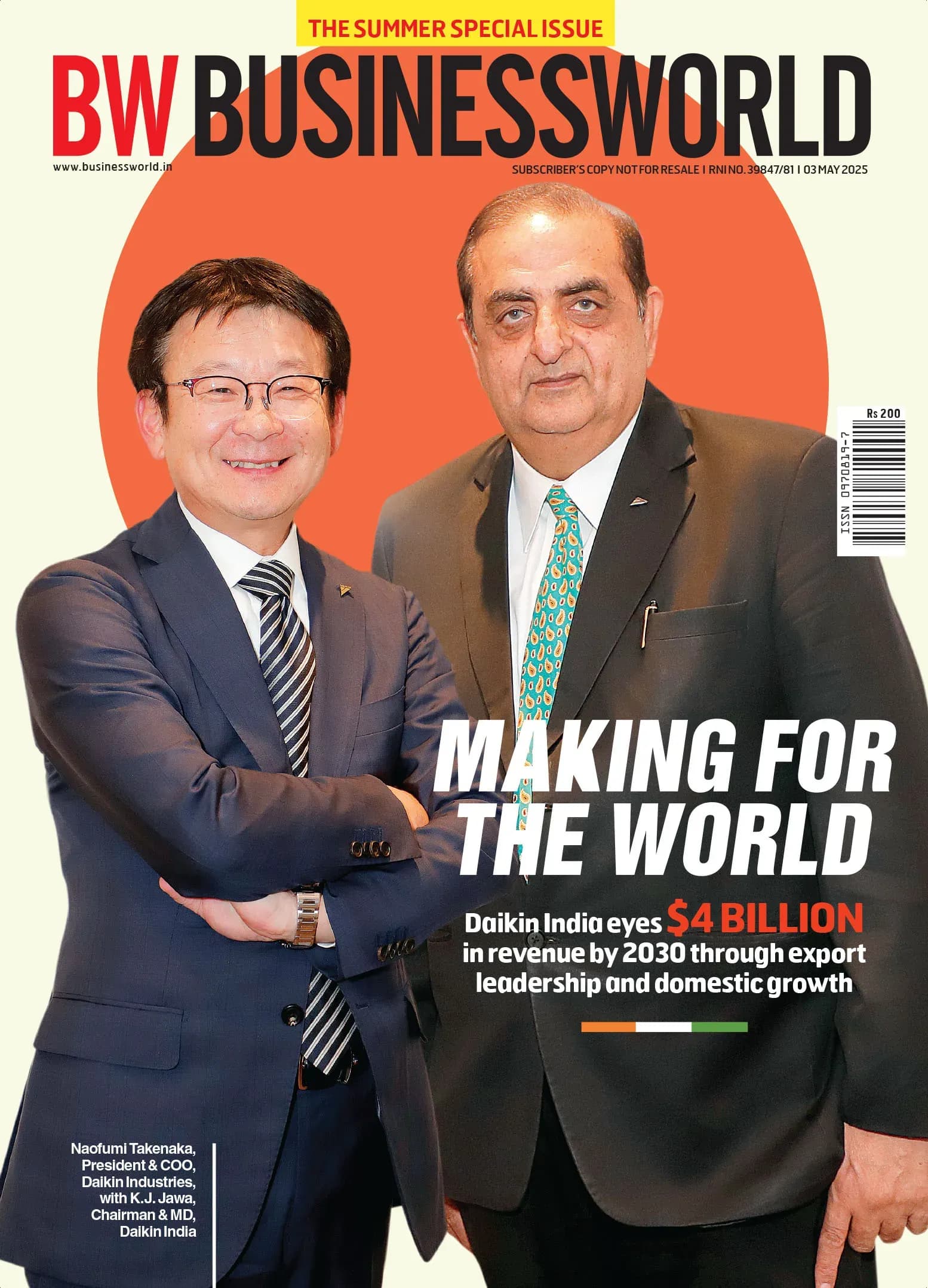 Bìa tạp chí BW Businessworld với tiêu đề 'Making for the World' và hình ảnh hai doanh nhân, thể hiện khát vọng sản xuất toàn cầu của Ấn Độ.