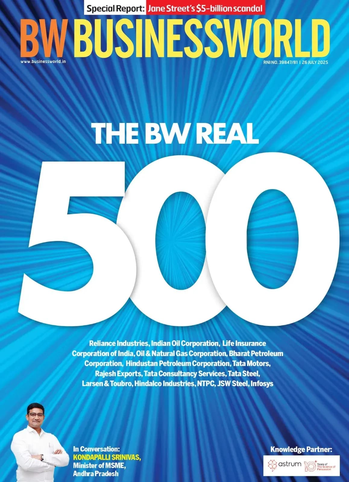 Bìa tạp chí BW Businessworld với tiêu đề 'The BW Real 500', thể hiện môi trường kinh doanh và đầu tư sôi động tại Ấn Độ.
