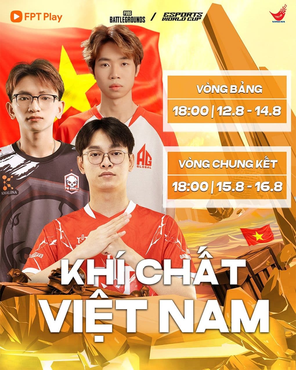 Ba tuyển thủ PUBG Việt Nam tại Esports World Cup 2025, thể hiện khí chất và niềm tự hào dân tộc.