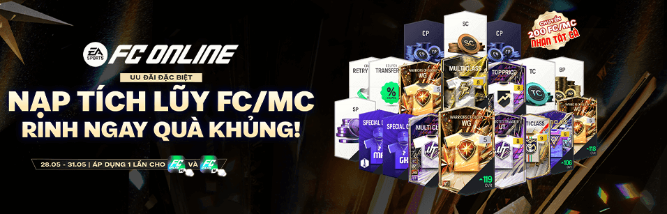 Banner FC Online giới thiệu các gói thẻ và vật phẩm, nổi bật là mùa thẻ Warriors of Glory (WG) liên quan đến các huyền thoại ICON.