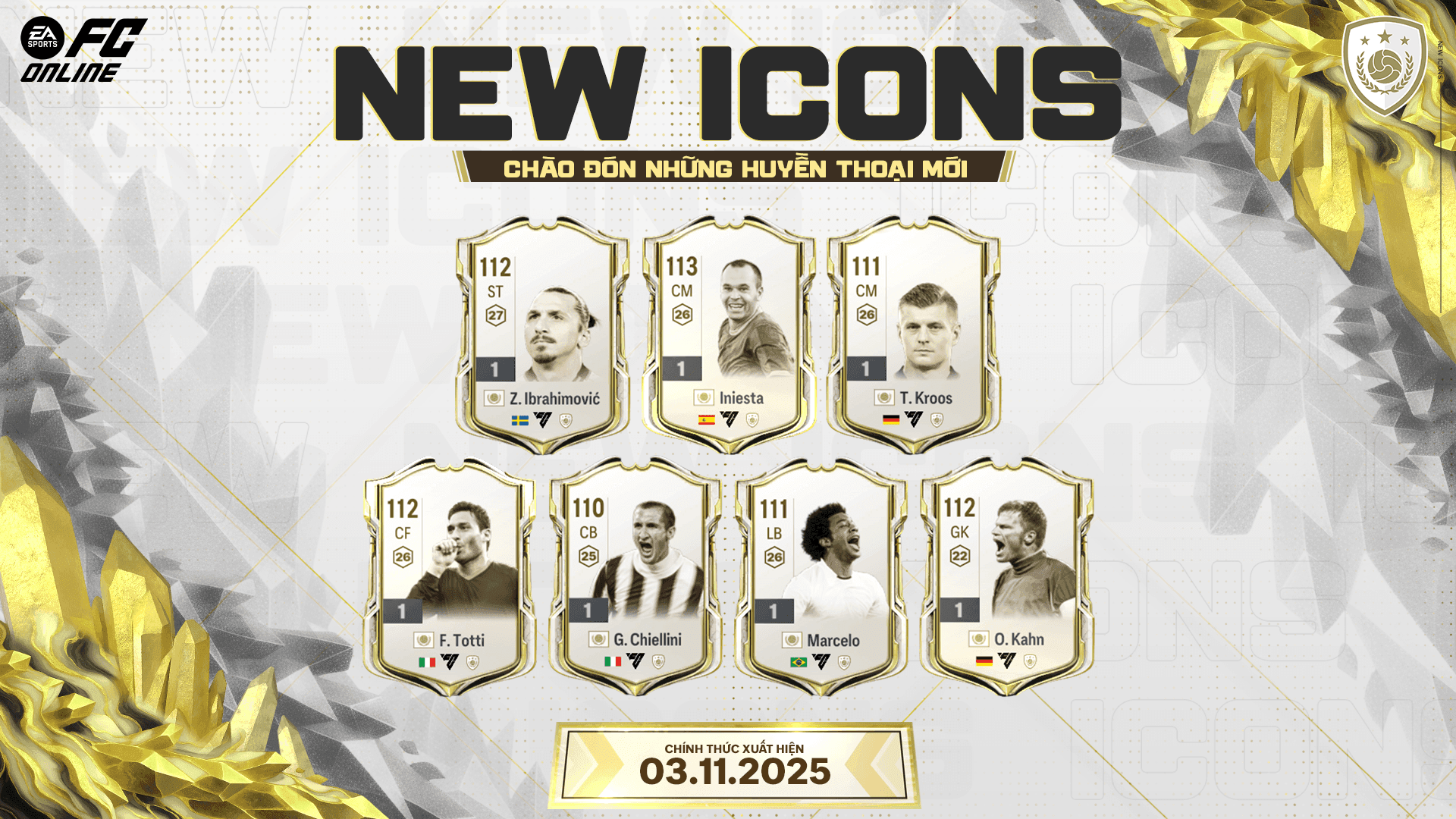 Banner giới thiệu 7 ICONs mới trong FC Online bao gồm Zlatan Ibrahimović, Andres Iniesta, Toni Kroos, Francesco Totti, Giorgio Chiellini, Marcelo và Oliver Kahn.