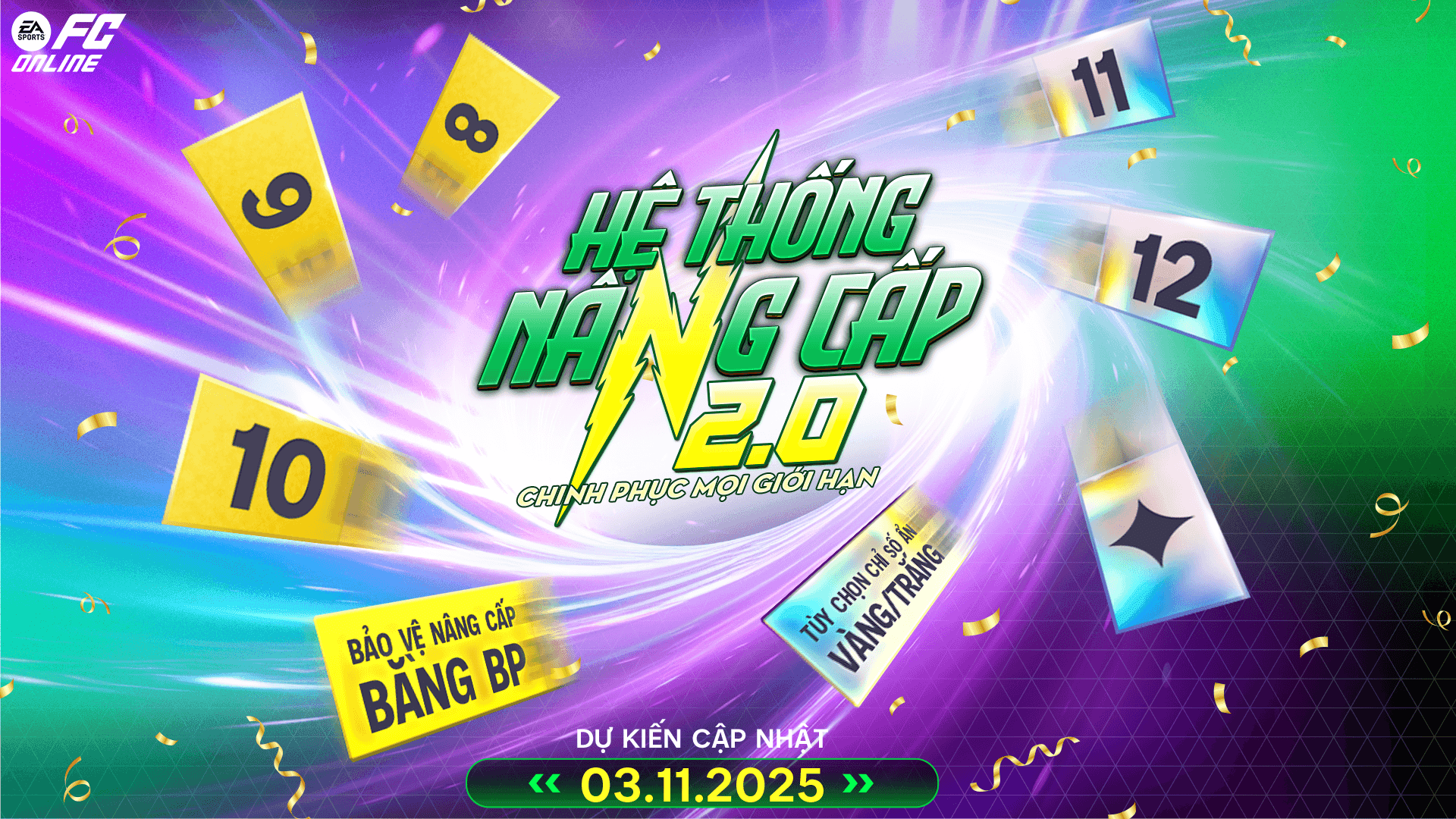 Banner giới thiệu Hệ thống Nâng cấp 2.0 của FC Online, cho phép nâng cấp cầu thủ lên cấp độ cao hơn và tính năng bảo vệ nâng cấp bằng BP.
