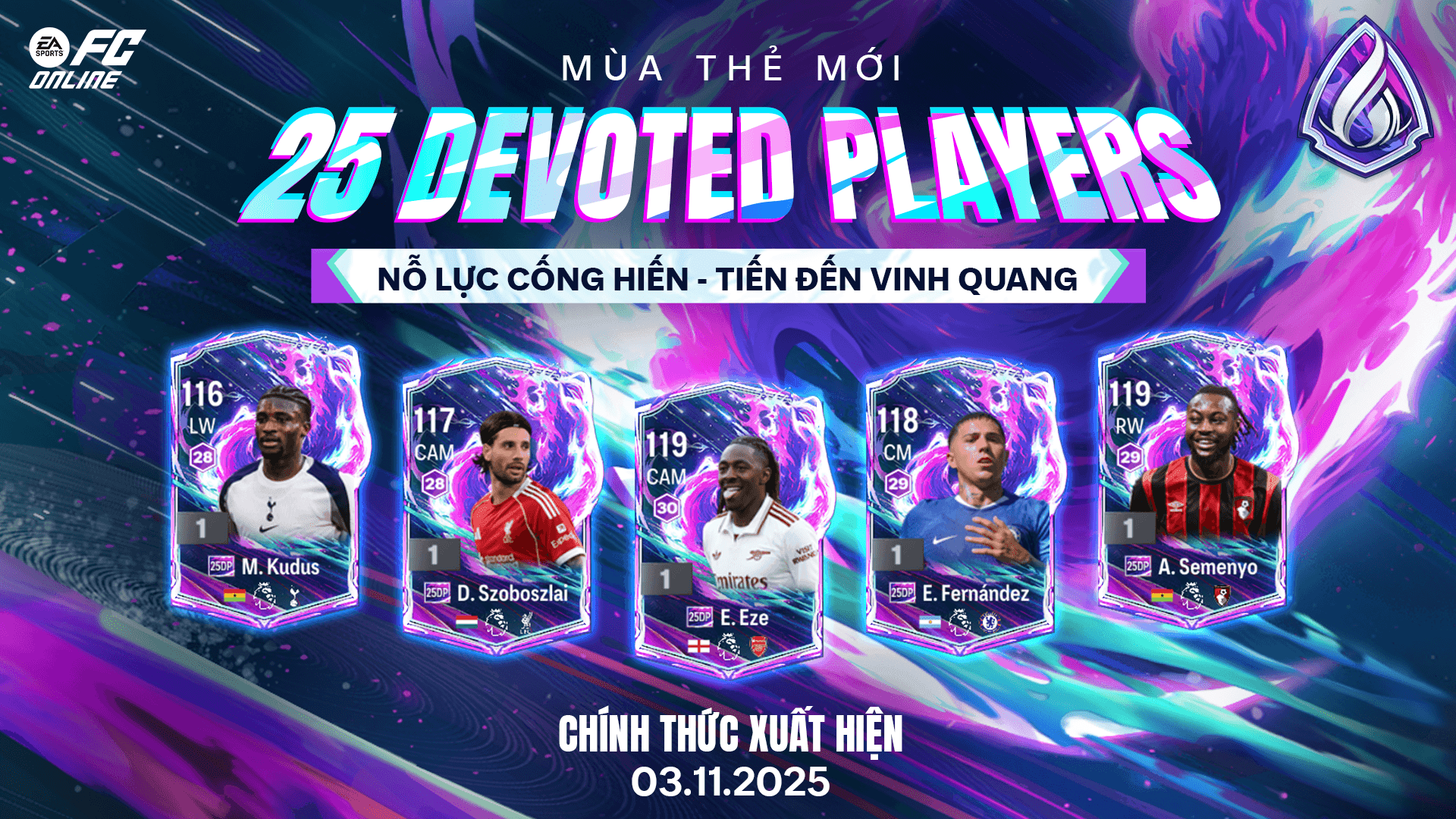 Banner giới thiệu mùa thẻ '25 Devoted Players' trong FC Online với hình ảnh các cầu thủ mới như M. Kudus, D. Szoboszlai, E. Eze, E. Fernández và A. Semenyo.