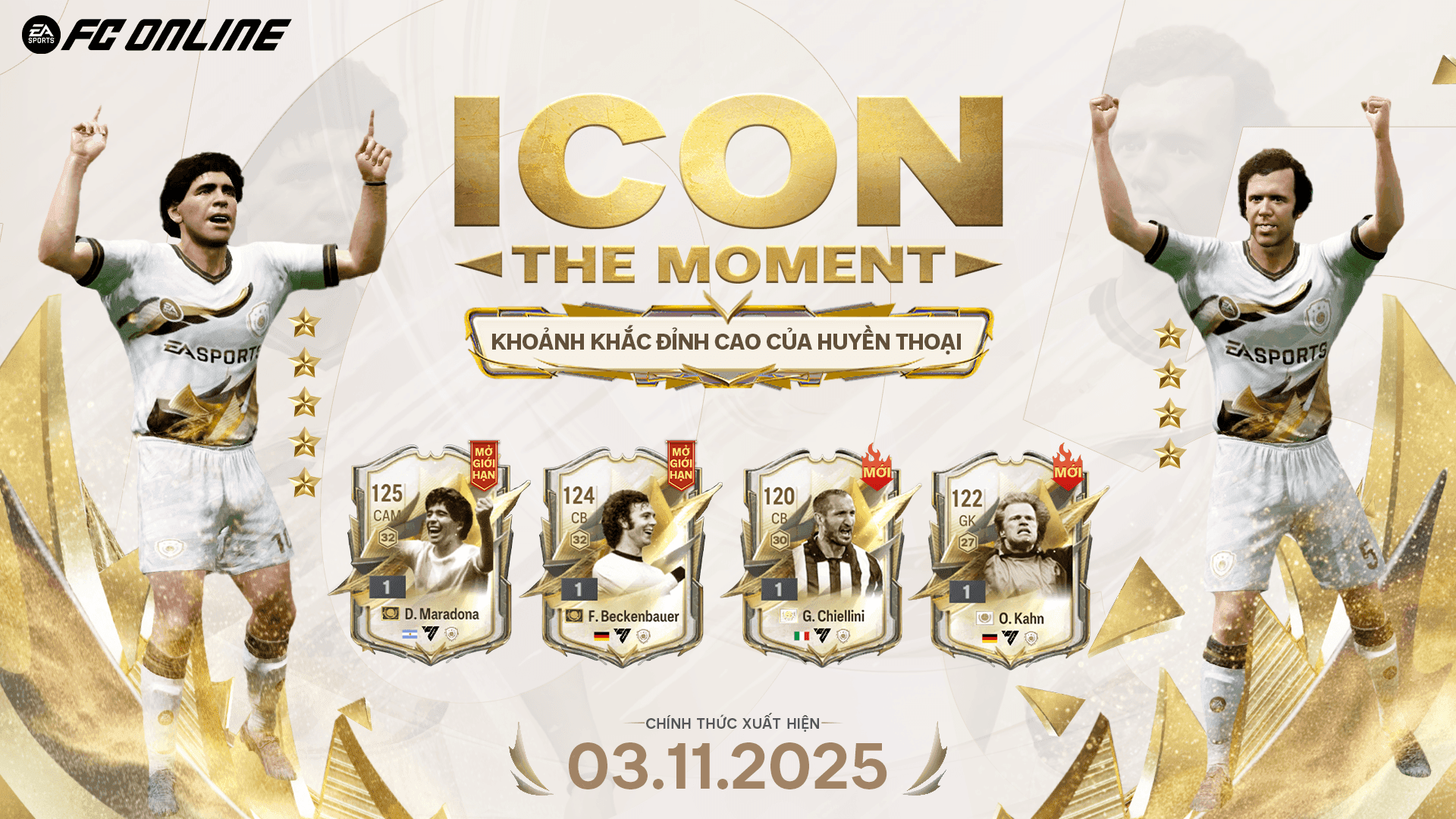 Banner 'ICON THE MOMENT' trong FC Online, giới thiệu các huyền thoại như D. Maradona, F. Beckenbauer, G. Chiellini và O. Kahn, tượng trưng cho việc xây dựng đội hình trong mơ.
