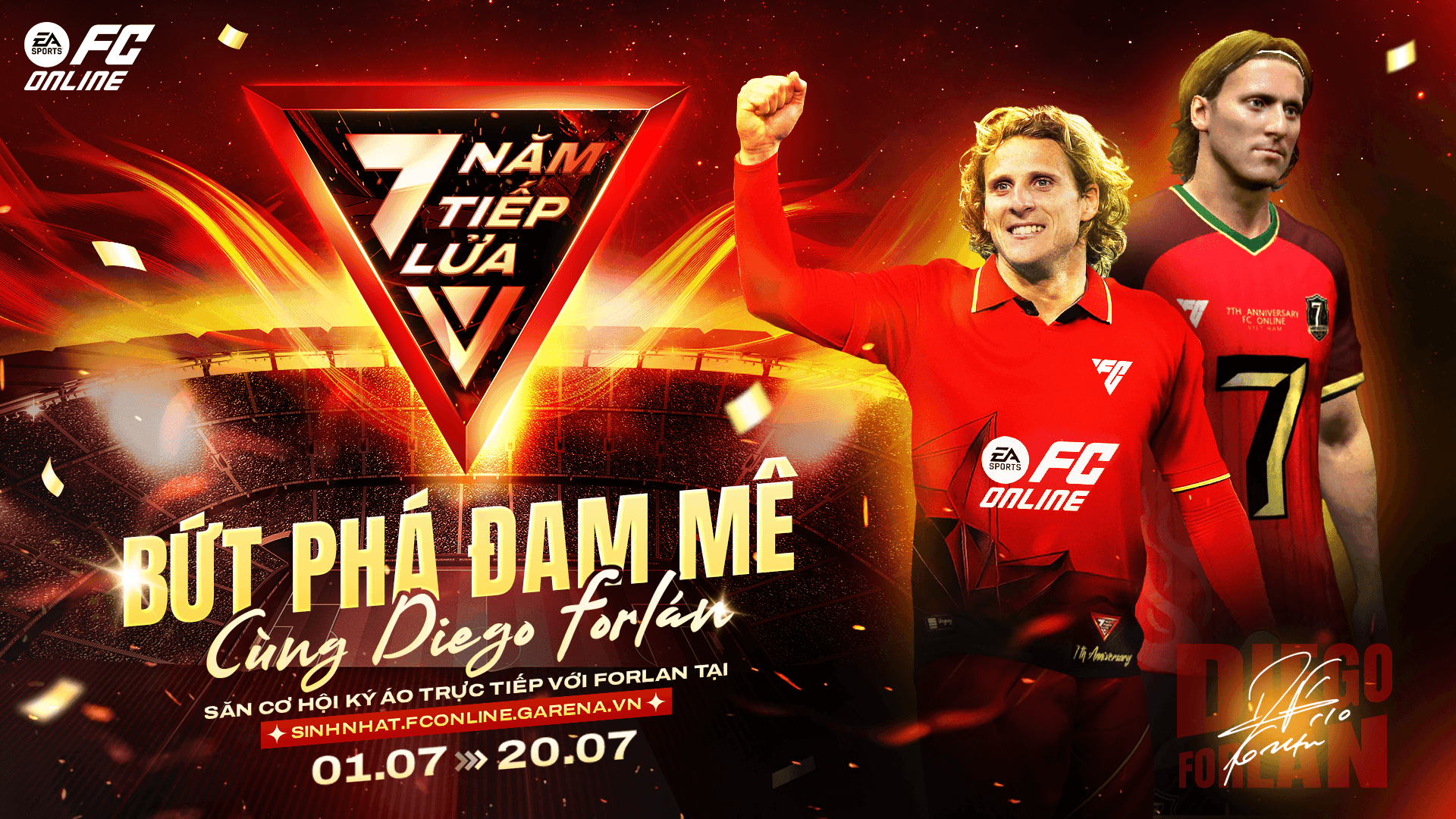 Banner kỷ niệm 7 năm FC Online với hình ảnh huyền thoại Diego Forlan và sân vận động, cùng thông điệp '7 Năm Tiếp Lửa'.