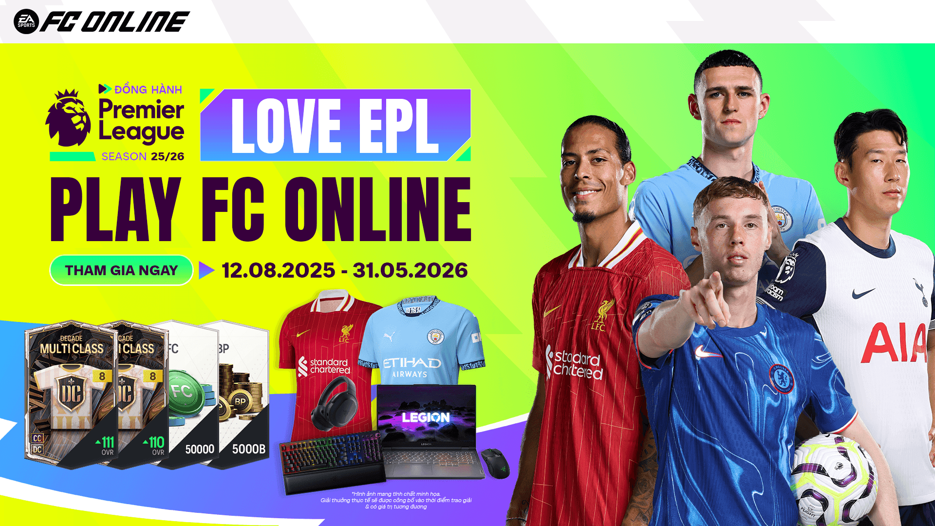 Banner Ngoại Hạng Anh 2025-2026 với các cầu thủ nổi bật và thông tin đồng hành cùng FC Online
