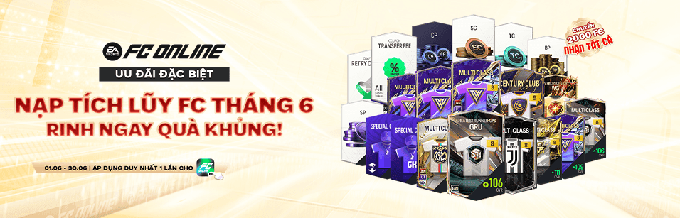 Banner quảng cáo FC Online với nhiều gói thẻ cầu thủ và vật phẩm, thể hiện sự đa dạng trong game.