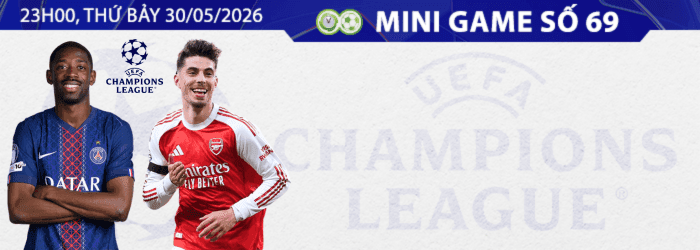 Banner quảng cáo mini game với logo Champions League và hình ảnh cầu thủ, minh họa trải nghiệm tương tác đa nền tảng trong kỷ nguyên số.