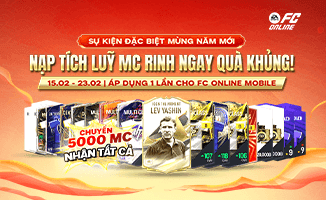 Banner quảng cáo sự kiện FC Online mừng năm mới với các gói cầu thủ ICON The Moment và nhiều phần thưởng giá trị khác.