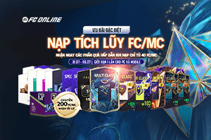Banner sự kiện nạp tích lũy FC/MC trong game FC Online với các phần quà thẻ cầu thủ.