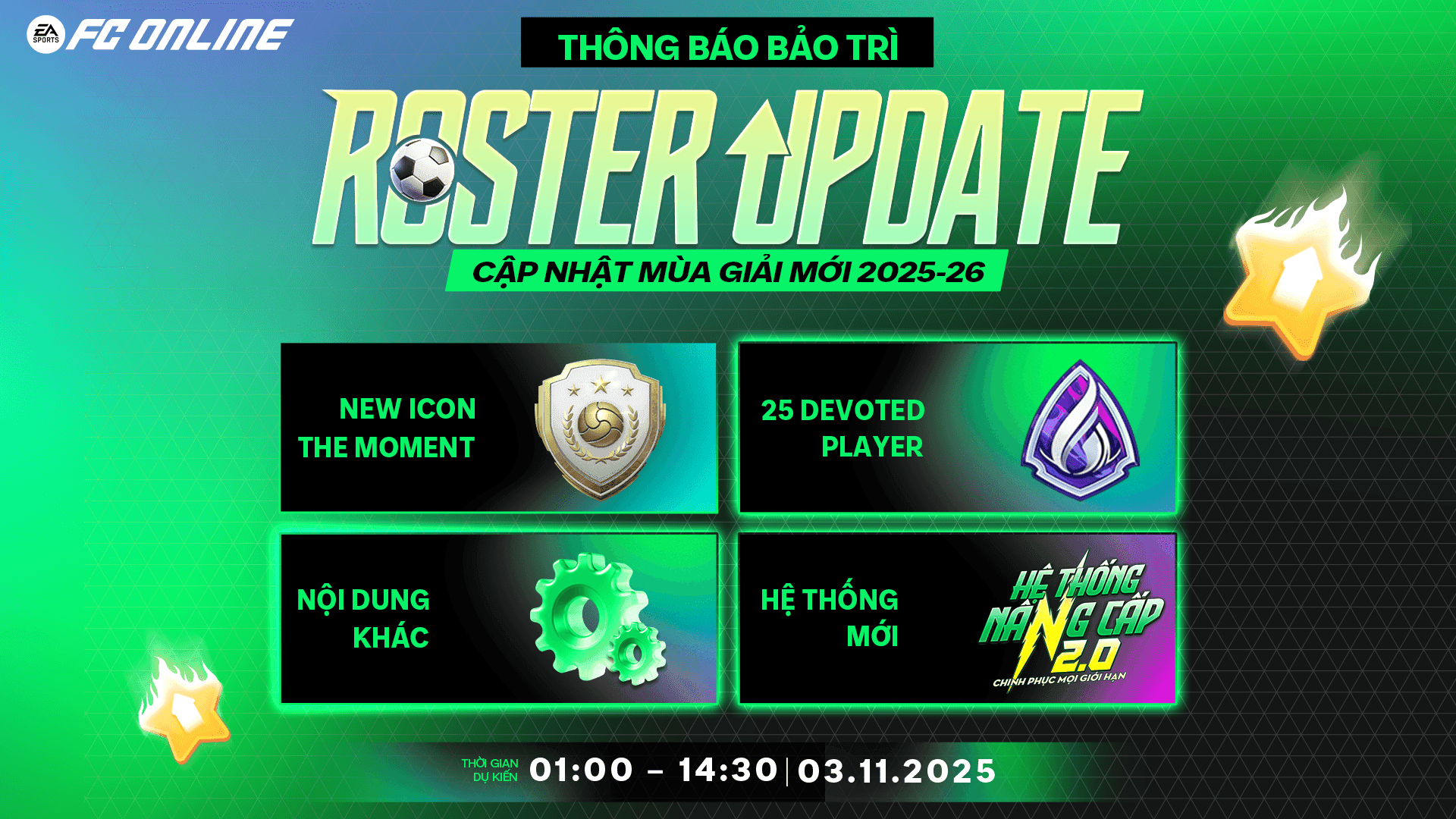 Banner thông báo cập nhật Roster Update 2025-26 của FC Online, giới thiệu các tính năng mới như ICON The Moment, 25 Devoted Player và Hệ thống Nâng cấp 2.0.
