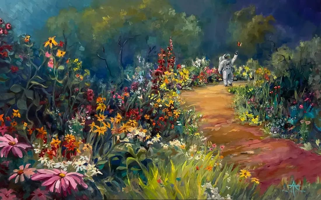 Bức tranh về một phi hành gia trong khu vườn đầy hoa, tượng trưng cho triển lãm 'A Step Beyond' khám phá cuộc sống trên sao Hỏa.