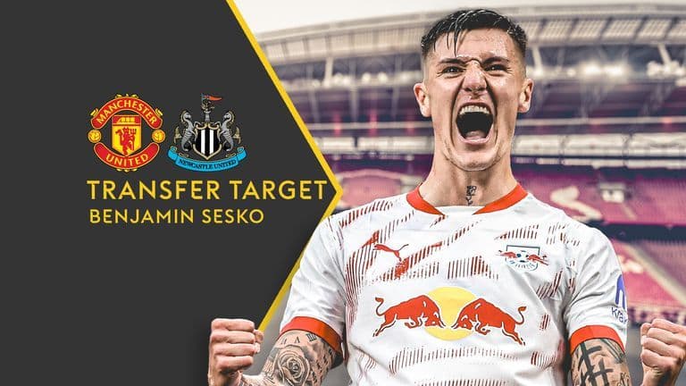 Benjamin Sesko ăn mừng trong màu áo Leipzig, phía sau là logo Manchester United và Newcastle United, với dòng chữ 'Mục tiêu chuyển nhượng Benjamin Sesko'.