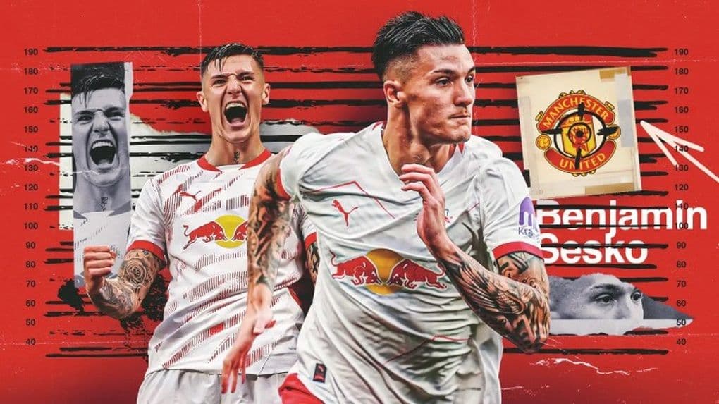 Benjamin Sesko trong trang phục RB Leipzig với logo Manchester United, thể hiện sự quan tâm chuyển nhượng.