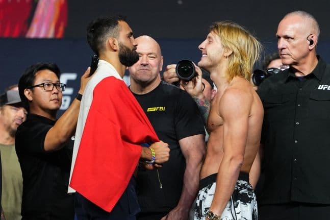 Benoit Saint-Denis và Paddy Pimblett đối mặt tại buổi cân trọng lượng, đại diện cho thế hệ võ sĩ mới tại UFC 329.