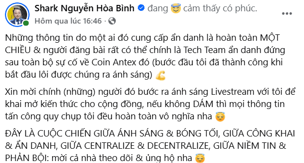 Bài đăng Facebook của Shark Bình phủ nhận thông tin ẩn danh và thách thức nhóm kỹ thuật ẩn danh.