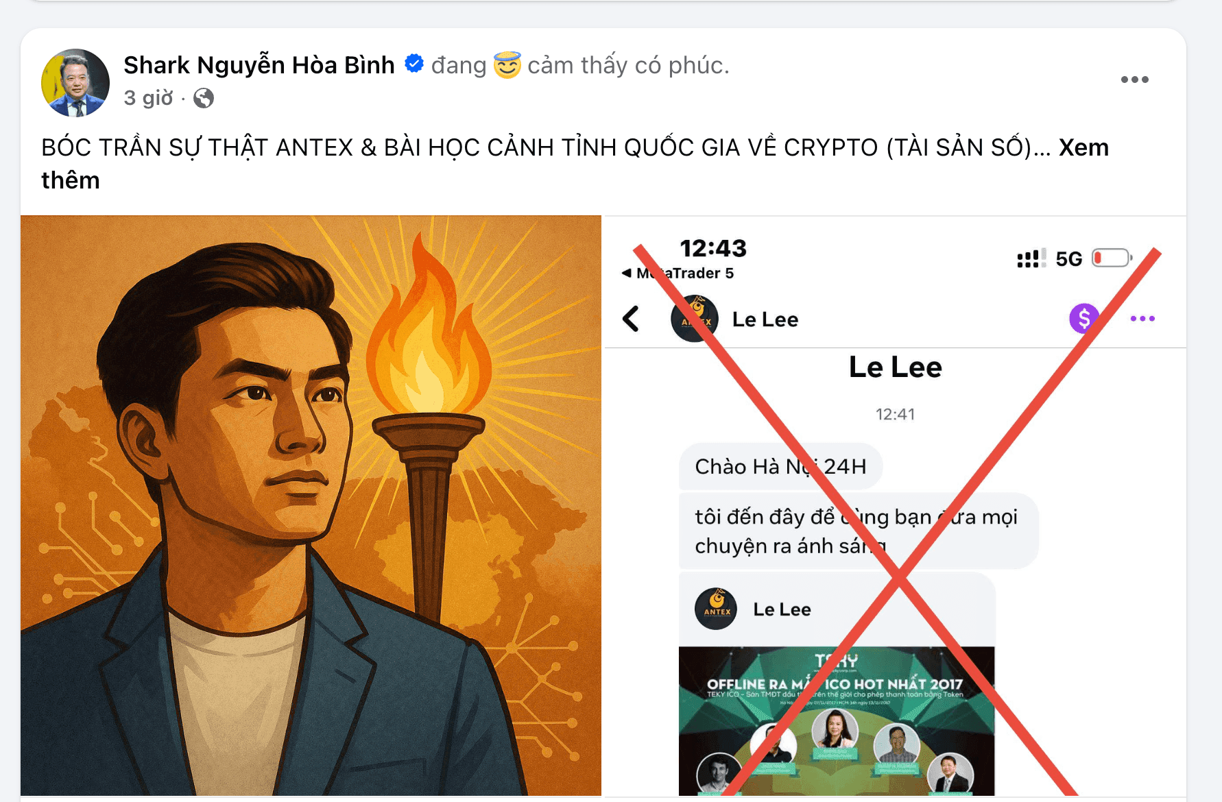 Bài đăng Facebook của Shark Bình với hình ảnh minh họa và đoạn chat bị gạch chéo, tố cáo sự thật về AntEx.