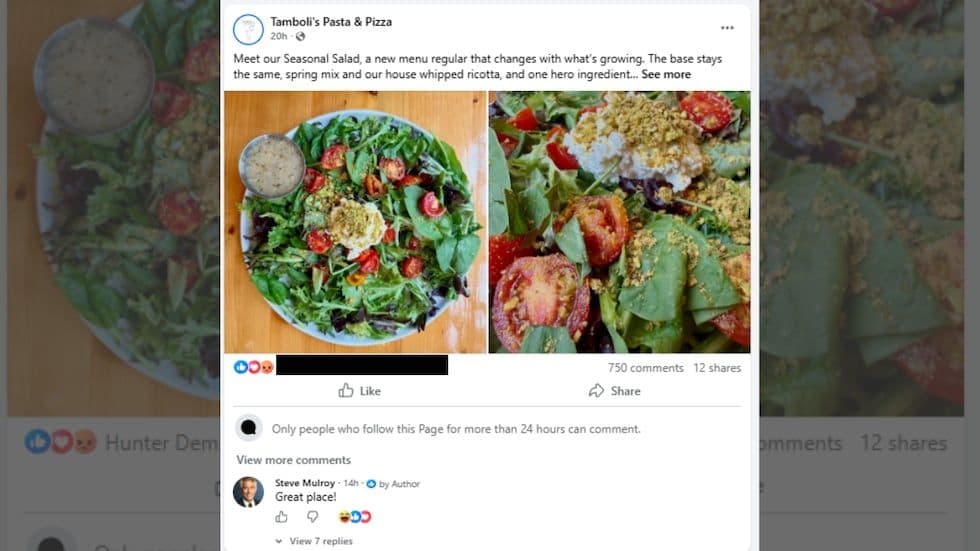 Bài đăng Facebook của Tamboli's Pasta & Pizza với bình luận ủng hộ, minh họa làn sóng phản ứng trái chiều.