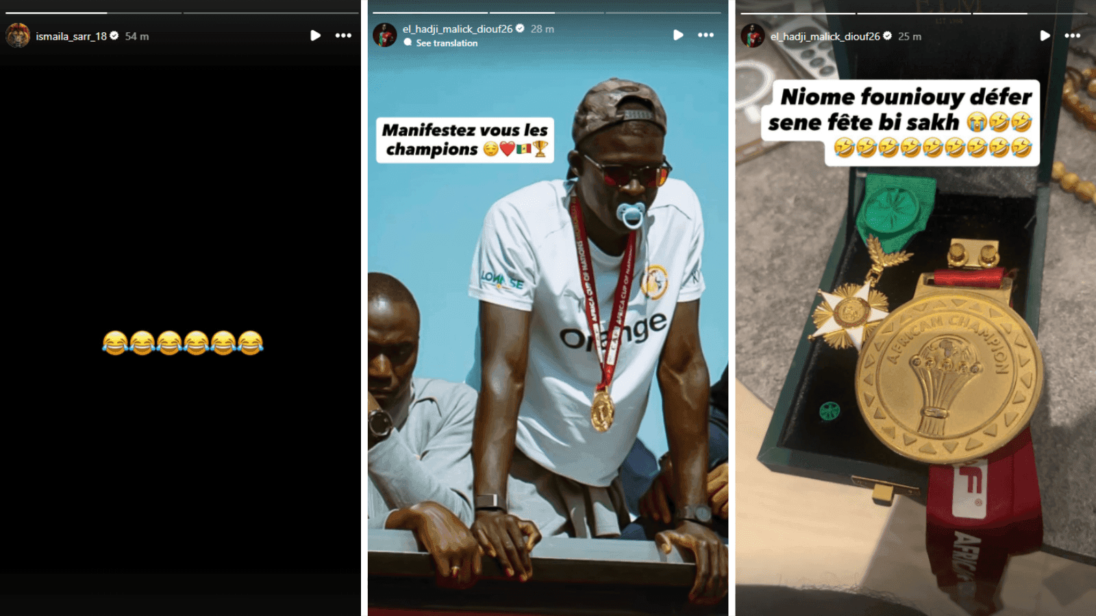 Bài đăng trên Instagram của các cầu thủ Ismaila Sarr và El Hadji Malick Diouf của Senegal ăn mừng chức vô địch AFCON.