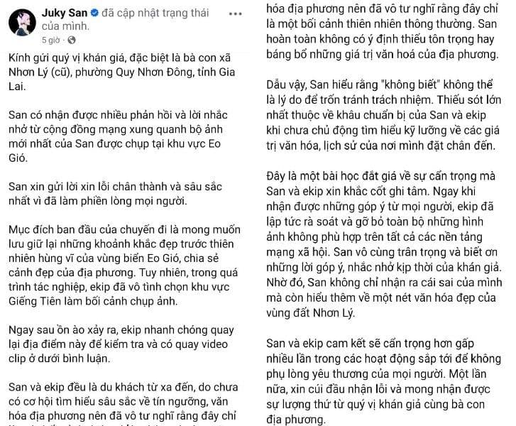 Bài đăng xin lỗi của Juky San trên mạng xã hội về sự việc Giếng Tiên