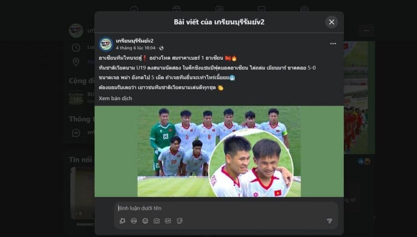 Bài viết của fanpage Thái Lan khen ngợi U19 Việt Nam "quá mạnh" ở Đông Nam Á.