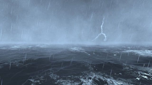 Biển động dữ dội với giông bão và sấm sét, minh họa nguy hiểm của vùng áp thấp.