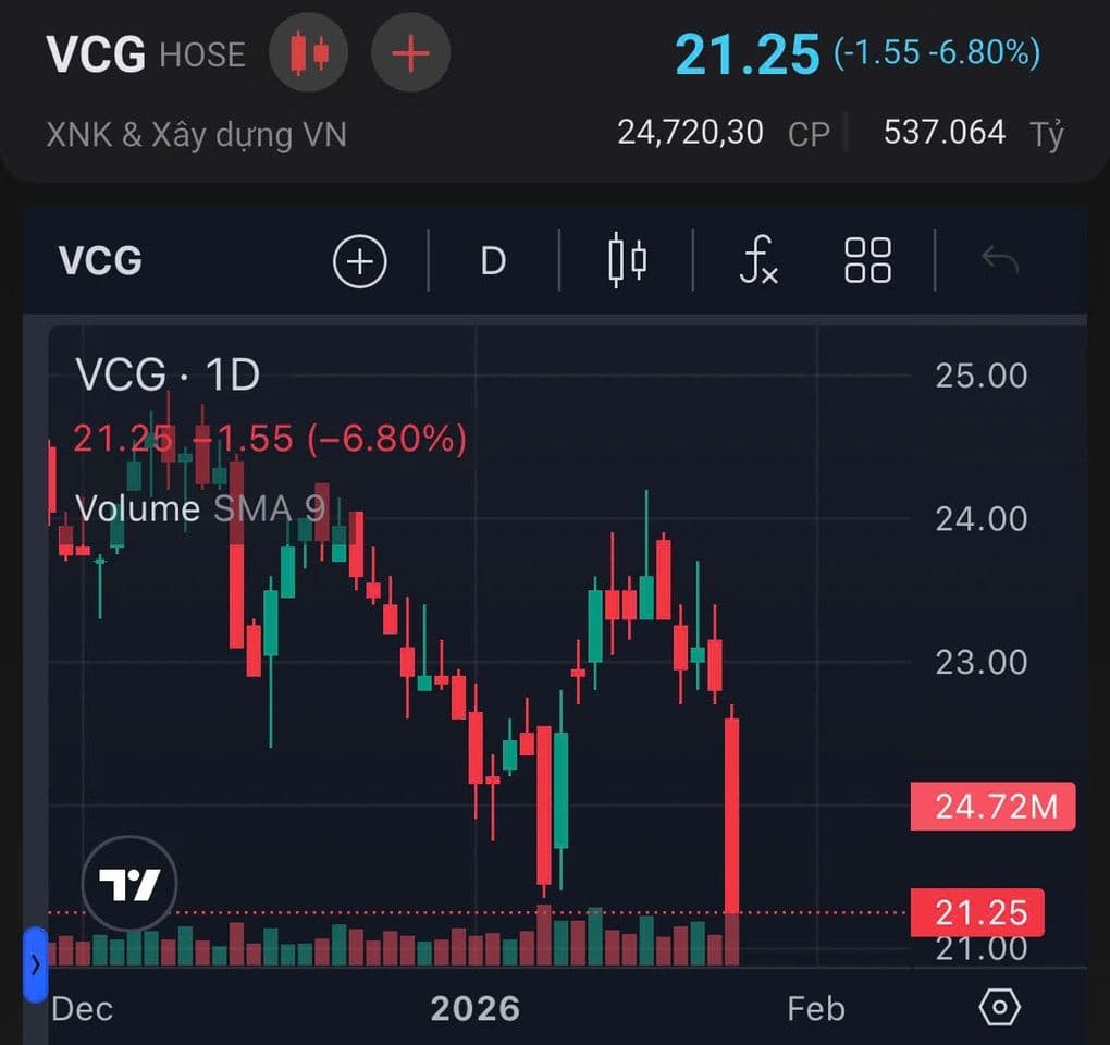 Biểu đồ cổ phiếu VCG cho thấy sự sụt giảm mạnh và dư bán sàn bất thường, phản ánh nghịch lý thị trường.