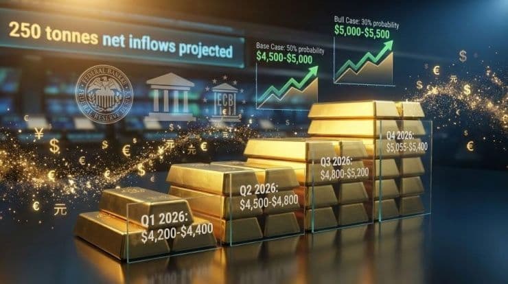 Biểu đồ dự báo giá vàng thế giới tăng liên tục qua các quý trong năm 2026.