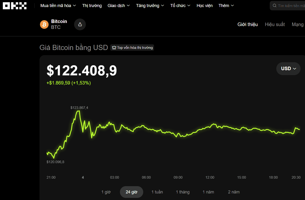 Biểu đồ giá tiền số Bitcoin trên sàn giao dịch, thể hiện sự biến động của thị trường tiền số liên quan đến dự án AntEx của Shark Bình.