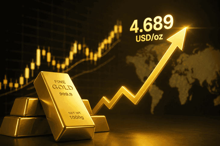 Biểu đồ giá vàng thế giới tăng lên 4.689 USD/ounce với các thỏi vàng tượng trưng cho thị trường và đầu tư