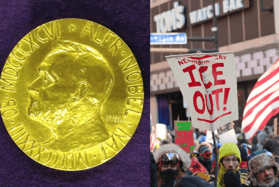 Biểu ngữ 'ICE OUT!' trong cuộc biểu tình, liên quan đến phát biểu 'đất bị đánh cắp' của Billie Eilish