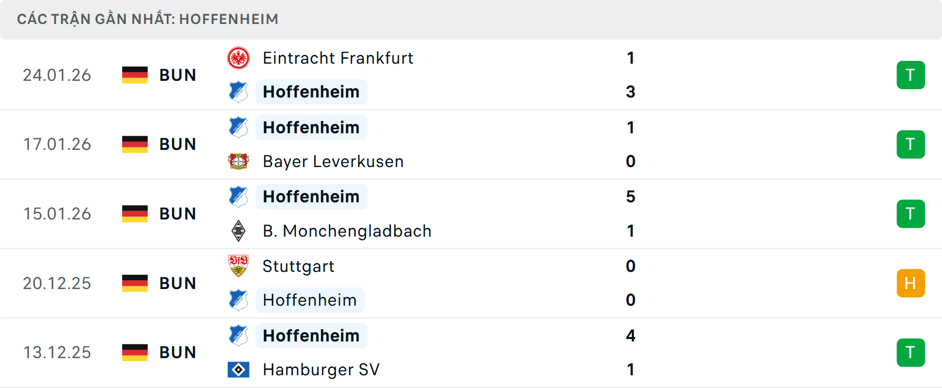 Biểu đồ phong độ của Hoffenheim trong 5 trận đấu gần nhất.