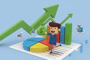 Biểu đồ tài chính với mũi tên tăng trưởng và các yếu tố kinh tế, minh họa phản ứng của thị trường chứng khoán đối với PC1.