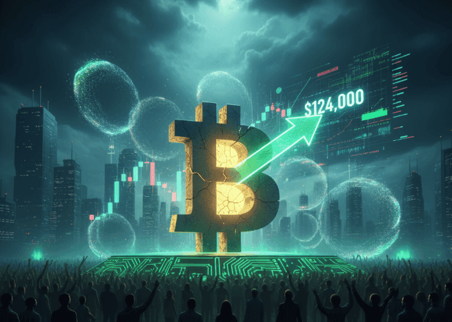 Biểu tượng Bitcoin nứt vỡ trên nền mạch điện, đồ thị tăng giá đến 124.000 USD với đám đông reo hò.