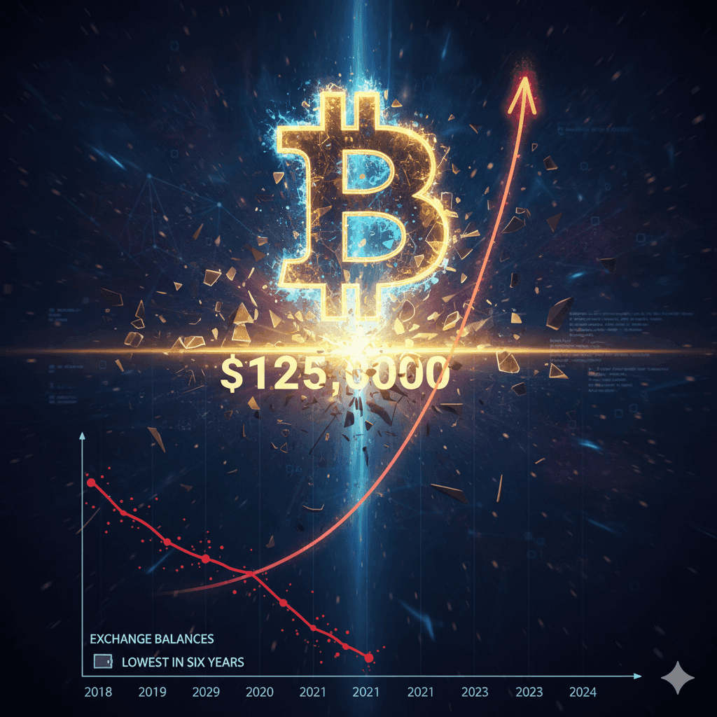 Biểu tượng Bitcoin phát sáng với đồ thị tăng giá đạt 125.000 USD và biểu đồ số dư sàn giao dịch thấp nhất trong sáu năm.