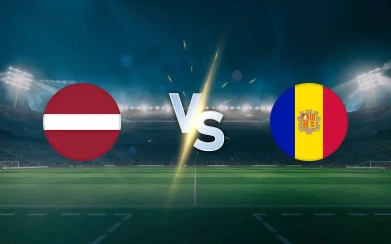 Biểu tượng cờ của Latvia và Andorra đối đầu trên sân vận động, báo hiệu trận đấu vòng loại World Cup 2026 sắp diễn ra.