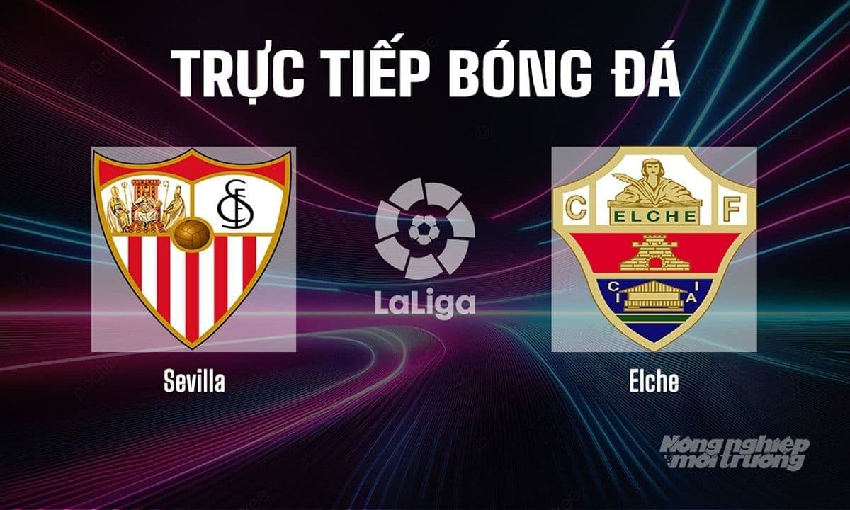 Biểu tượng của hai câu lạc bộ Sevilla và Elche cùng logo La Liga, thể hiện trận đấu được mong đợi