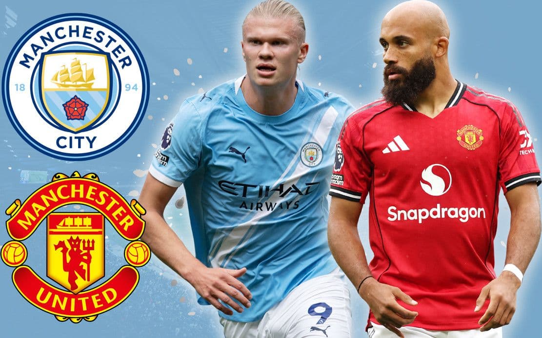 Biểu tượng của Manchester City và Manchester United cùng hình ảnh các cầu thủ, tượng trưng cho tuyên ngôn bản sắc của trận derby.