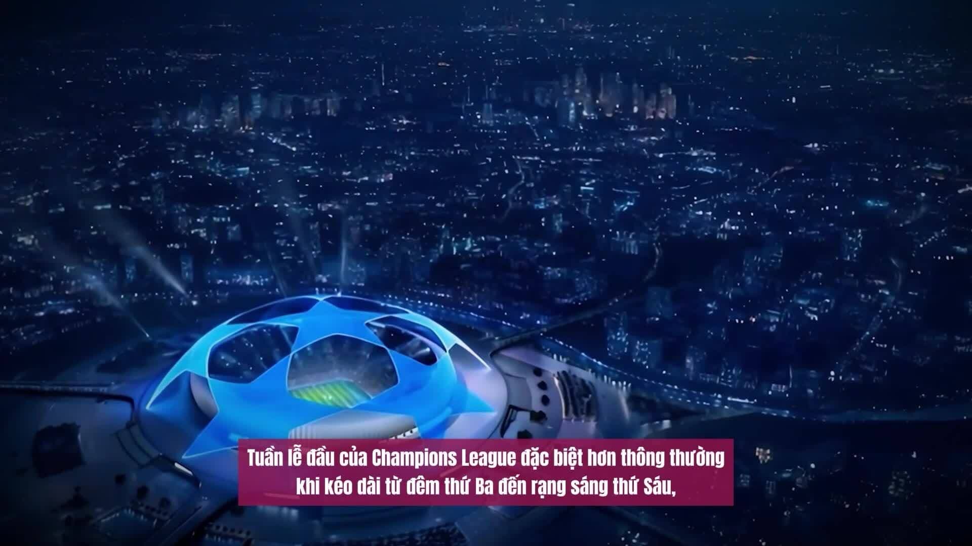 Biểu tượng Champions League nổi bật trên nền thành phố về đêm, tượng trưng cho đấu trường lịch sử của bóng đá châu Âu.