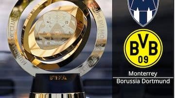 Biểu tượng FIFA Club World Cup cùng logo Borussia Dortmund và Monterrey, tượng trưng cho cuộc đối đầu triết lý bóng đá.