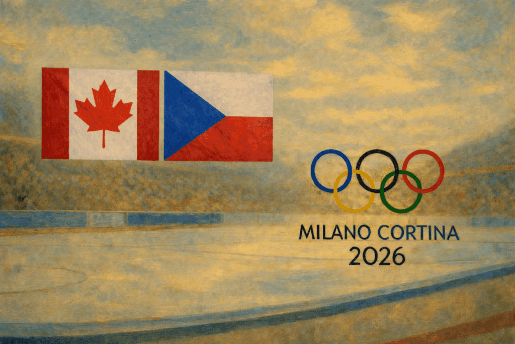 Biểu tượng Olympic và cờ Canada, Séc trên sân băng, đại diện cho Thế vận hội Milano Cortina 2026 và tinh thần khúc côn cầu băng toàn cầu.