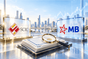 Biểu tượng SCIC và MBB với tài liệu tài chính và kính lúp, tượng trưng cho việc tăng cường giám sát và minh bạch để xây dựng thị trường tài chính bền vững