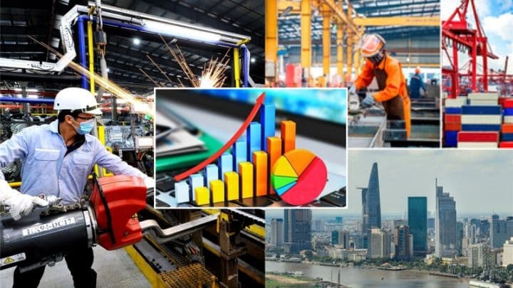 Biểu đồ tăng trưởng kinh tế cùng hình ảnh công nghiệp và đô thị, minh họa sự kết hợp giữa khoa học dữ liệu và thực tiễn kinh tế trong dự báo.